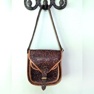 Handmade Leather Bag In Brown Floral Tooled Bag adjustable Crossbody